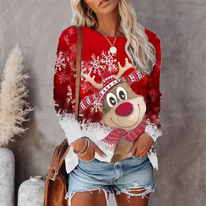 Cartoon Christmas Deer T-shirt moda donna manica lunga Autunno Inverno Street Hip Hop Pullover Top girocollo T-shirt natalizie