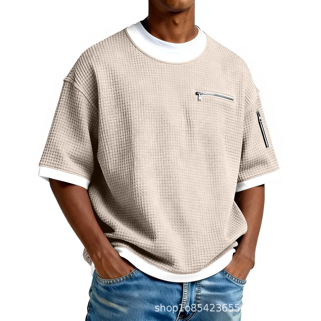Simple Waffle-patterned Faux Two-piece Casual Short-sleeve T-shirt, Solid Color, New Men's Fashion, Color-blocking Top