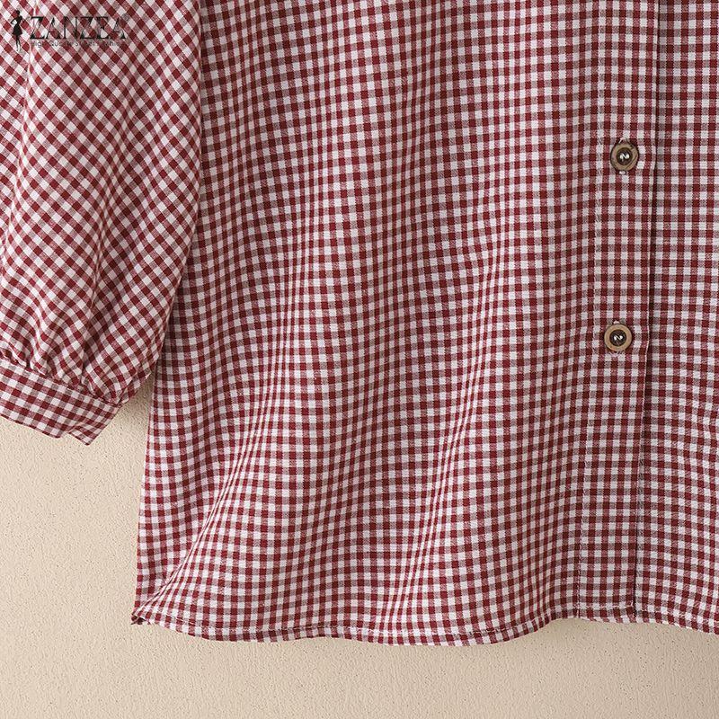 ZANZEA Women Plaid Print Casual Turn Down Collar 3/4 Sleeve Blouse