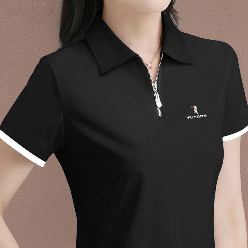 Women's Plus Size Zipper Polo Top: High-End Short Sleeve Loose Shirt for Middle-Aged Mothers, 2025 Summer Fashion