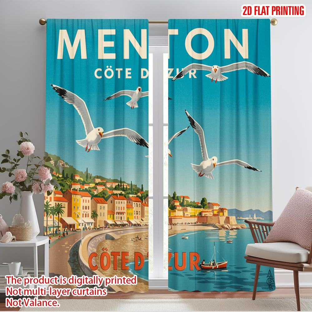 

2pcs 2D flat printing Curtain Menton Cote D Azur Seagulls Flying Polyester Without Electricity Family Party for Multipurpose 52.50×116.00 CM 2pcs
