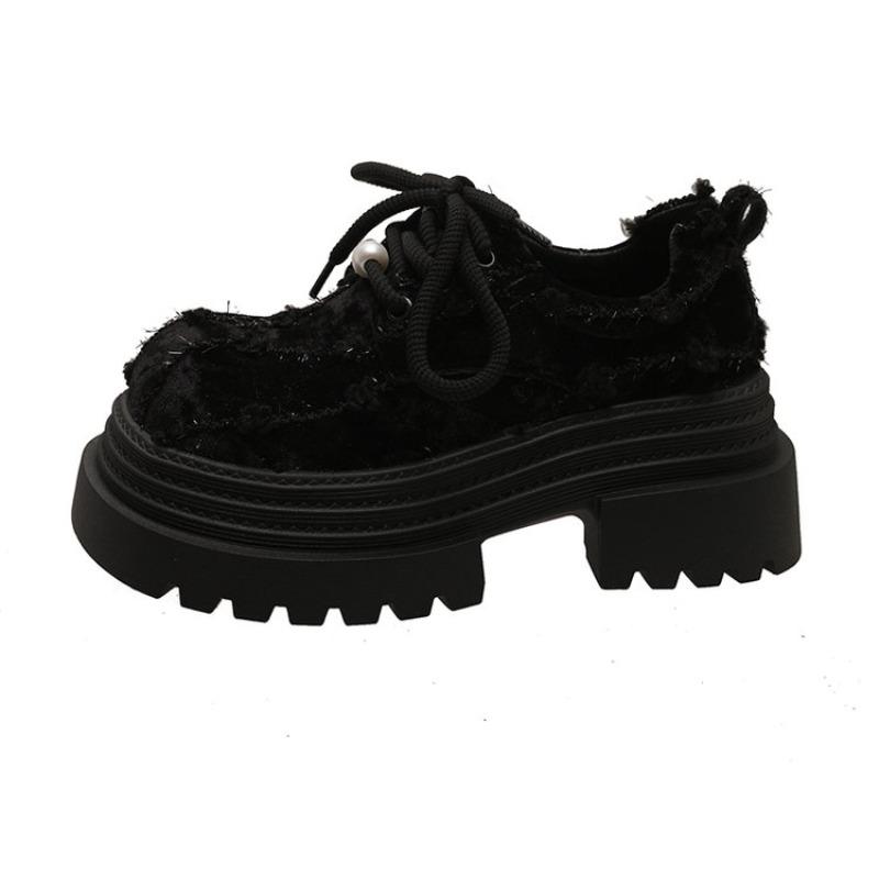 

Fashion Women s Chunky Single Shoes Spring New Round Head Deep Mouth Suede Front Lace-up Waterproof Platform Non-slip Loafers 35 чорний