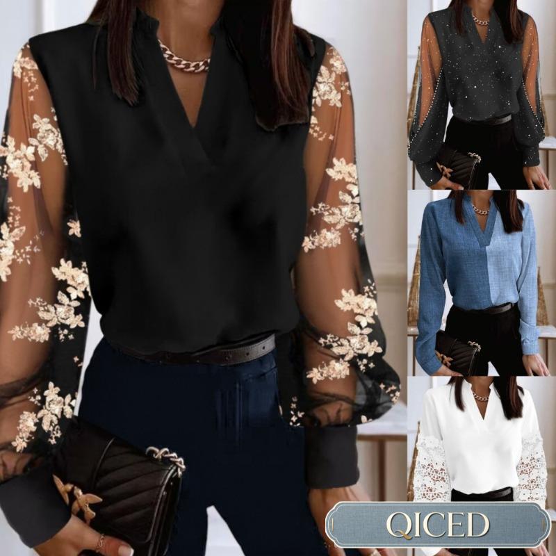 QICED Moda Donna Scollo a V Manica Lunga Primavera Autunno Camicette & Camicie Casual Chic Casual