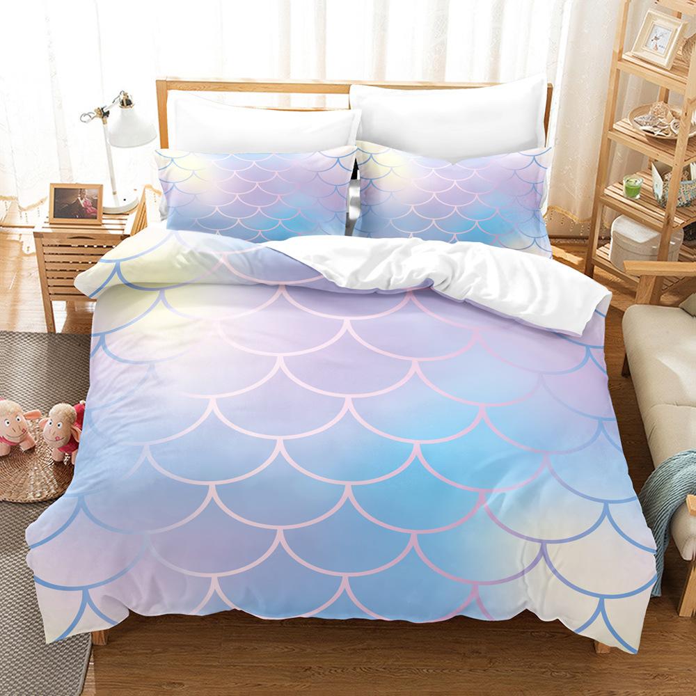 Laser Gradual Change Fish Scale 3D Digital Printing Three-Piece Set, Quilt Cover Pillowcase