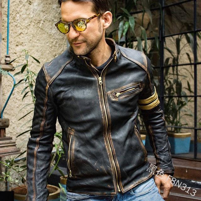 Autumn and winter new fashion slim stand-up collar locomotive leather jacket men FN