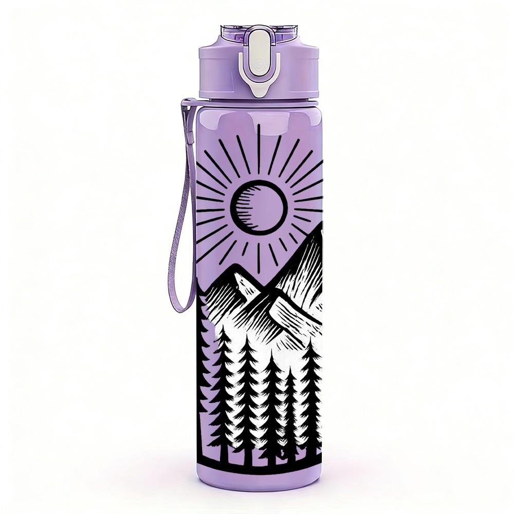 1PC Mountain Sun Forest Line Art 750ml Color Plastic Sports Water Bottle Leakproof Flip Straw Lid Suitable for Sports Office Home Use