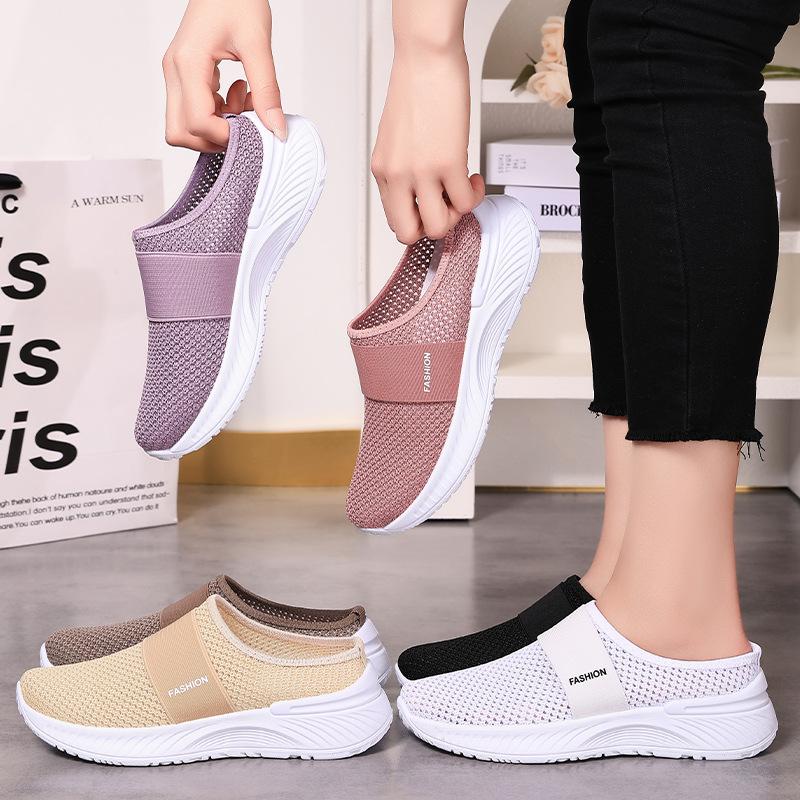 Jinshiyuanshu Shoes Women's Casual Shoes Processing Custom Breathable One-pedal Half Slippers Large Size Not Tired Feet Mesh Shoes