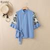 ZANZEA Women Casual Stand Collar Print Splice Half Sleeve Loose Blouse