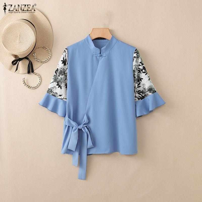 ZANZEA Women Casual Stand Collar Print Splice Half Sleeve Loose Blouse