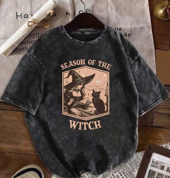 

Womens Retro Washed Tshirt Retro Witch and Kitten Printed Autumn Casual Top Pet Enthusiast Tshirts S