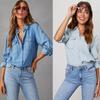 Simple Versatile White Denim Long Sleeve Casual Shirt for Women