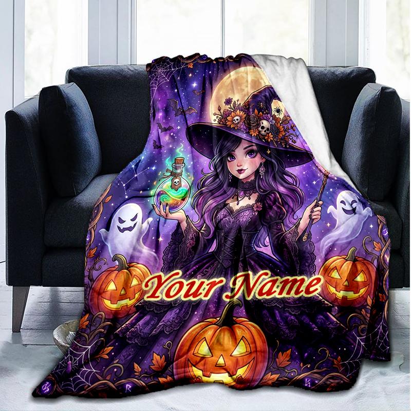 1PC Custom Name Halloween Magic Night Outdooor Flannel Blankets Throw Blanket All-Season Throw Gift Bedspread for Couch, Bed, Camping Holiday Birthda