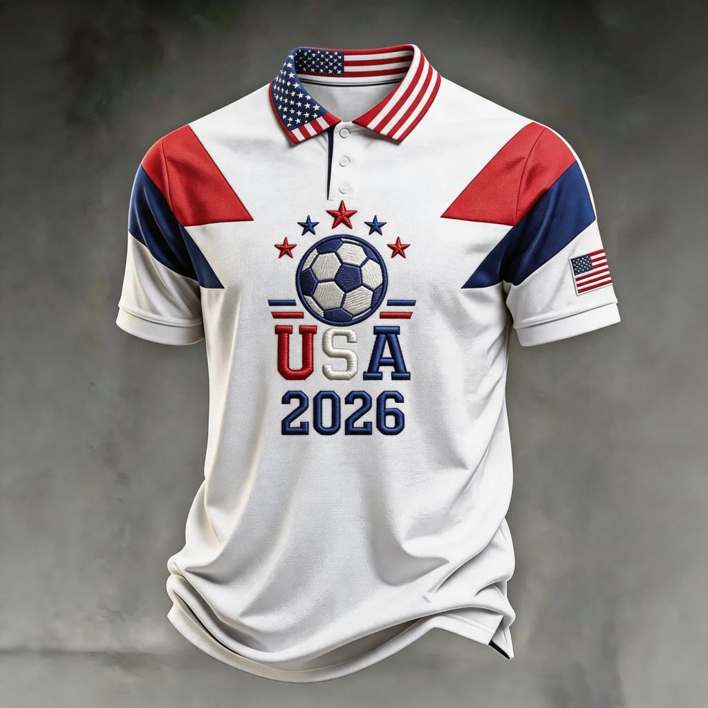 Men's Loose Fit Breathable Polo Shirt Short Sleeve Soccer Fanwear USA 2026 Embroidered Design Lightweight Mesh Fabric