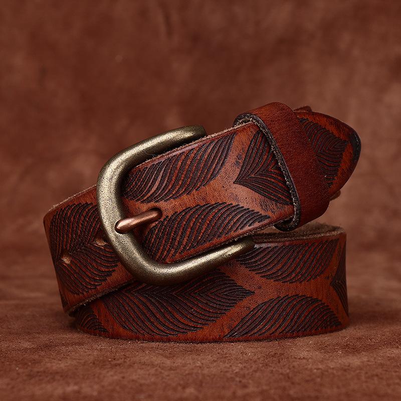 3.8Cm Wide Washed Retro Personalized Embossed Vegetable Tanned Belt Men'S Genuine Leather First Layer Cowhide Pin Buckle Belt Men'S Trendy