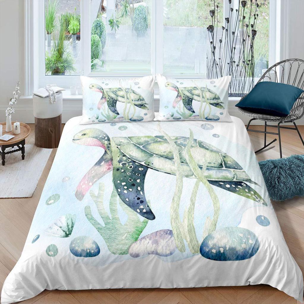 Three-Piece Marine Turtle Animal Digital Print Quilt Pillowcase Bedding Home Textile Kit