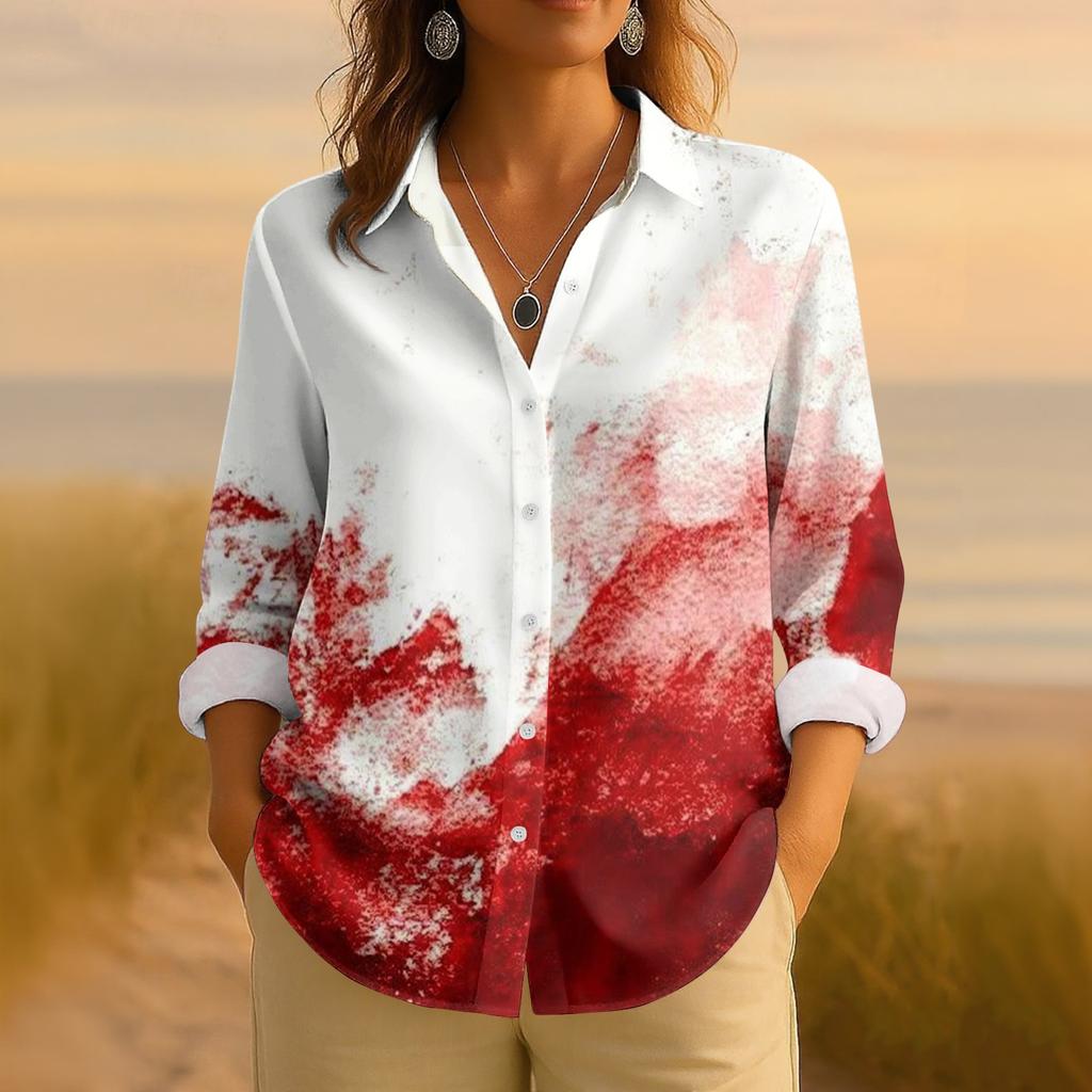 Women's Retro Halloween Printed Button Up Long Sleeved Casual Regular Shirt Collar Top