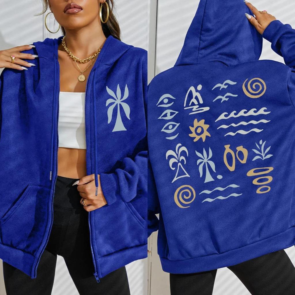 Sea Beach Coconut Tree Creative Printing Woman Zipper Hoodie Autumn Fleece Clothes Comfortable Hoody Women Streetwear