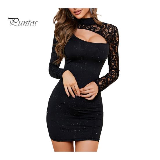 Damenkleid, ausgehöhlte Spitzenstickerei, schmale Passform, Etuikleid, Herbstkleid, einfarbig, glänzend, gestrickt, Stehkragen, elastisch, Minikleid für Abschlussball, Party
