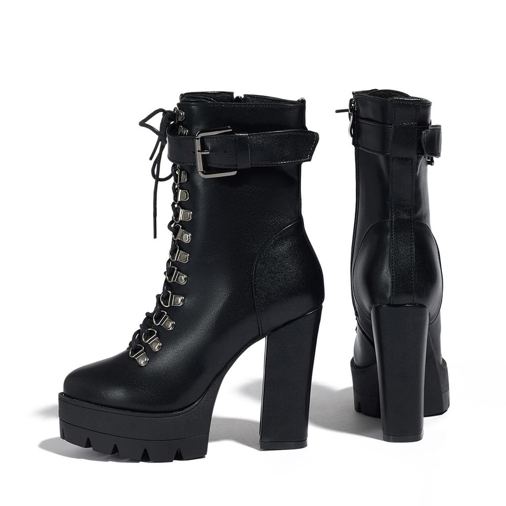 Damen-Kurzstiefel mit hohen Absätzen Herbst und Winter neu wasserdicht Tisch dicker Absatz Übergröße Römische Kurzstiefel