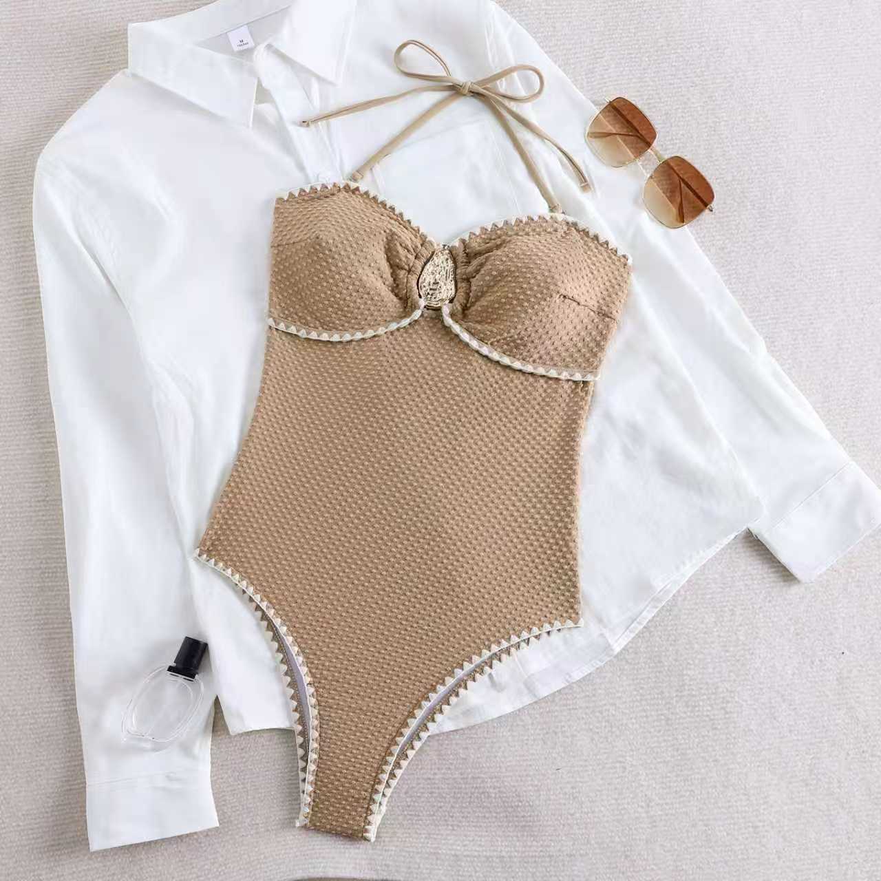 

Swimsuit for Women Fabric Strapless Bandeau Design High Cut Leg with Adjustable Tie Back L хаки