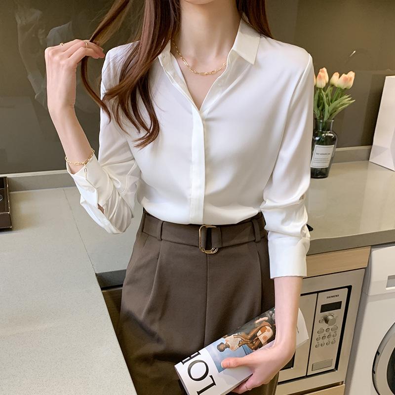 Tops Cute Elegant Luxury Blouses for Women Simulation Silk Shirt Turn Down Collar Solid Color Satin Tops Office Lady Party Plus Size