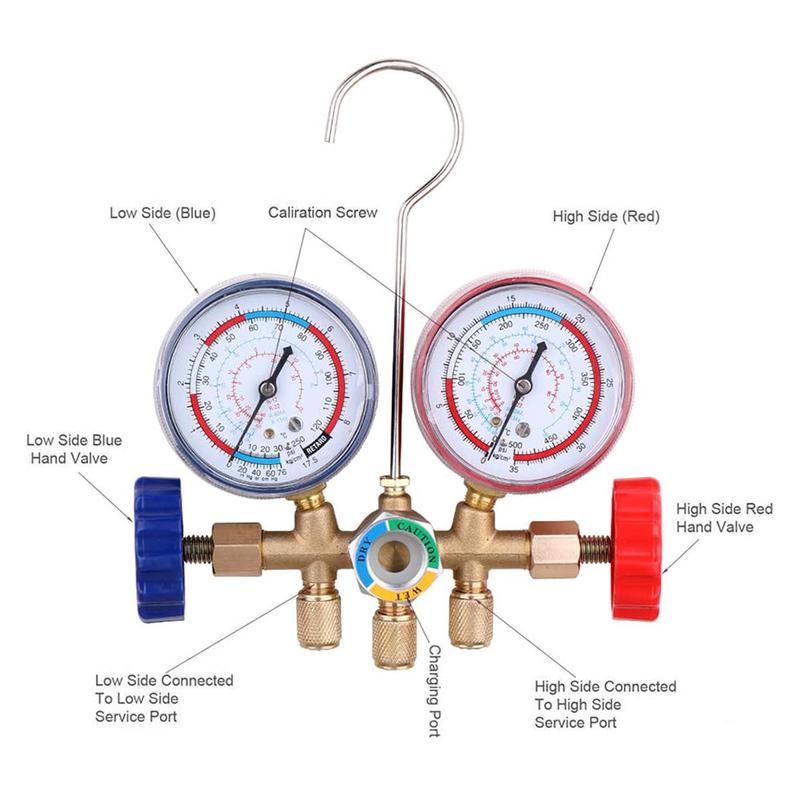 Conjunto de Manifold de Medição para Diagnóstico de Ar Condicionado 3 Vias Mangueira de Serviço para Carga de Refrigeração A/C e Gancho para R12 R22 R404A R134A