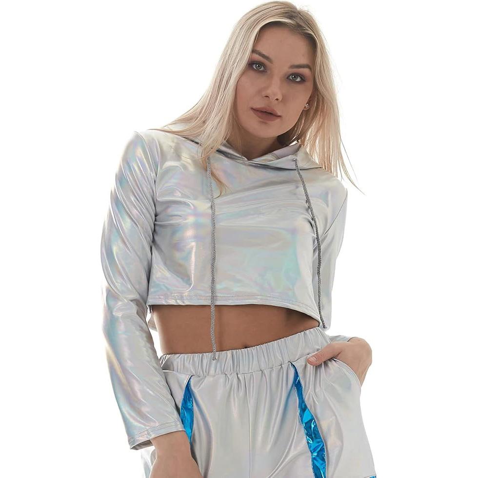 

Женские блестящие металлические толстовки с капюшоном, длинный рукав, укороченный топ, однотонная толстовка с капюшоном 2XL разноцветный/серебряный