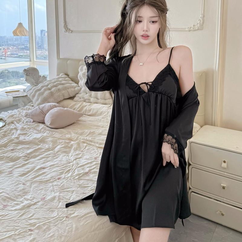 Sexy women's summer thin ice and snow silk long-sleeved nightgown pajamas ice silk nightgown pure desire wind spring and autumn bathrobe two-piece set
