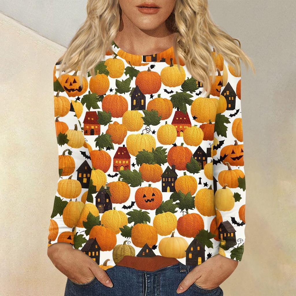 Women's Fashion Casual Halloween Printed Round Neck Long Sleeve Pullover Top