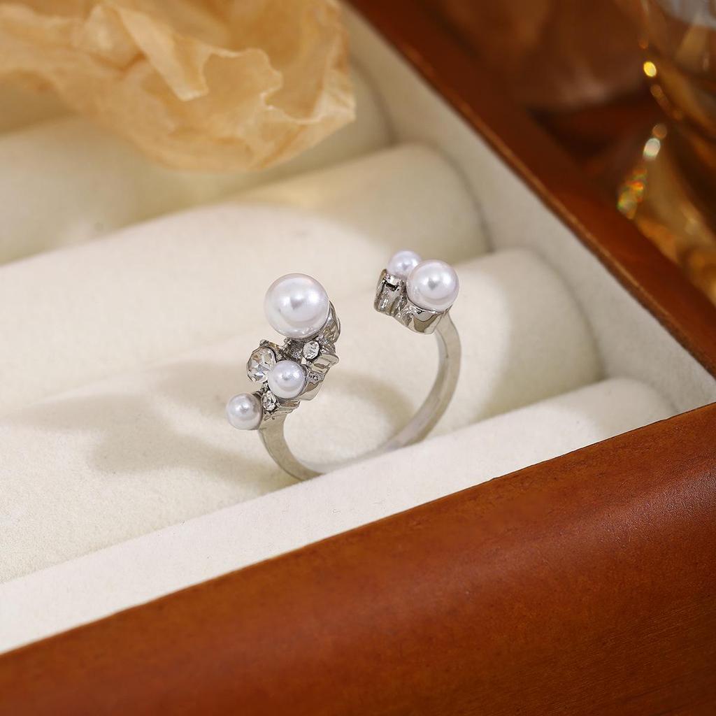 Diamond Pearl Adjustable Open Ring - Elegant, High-End Design