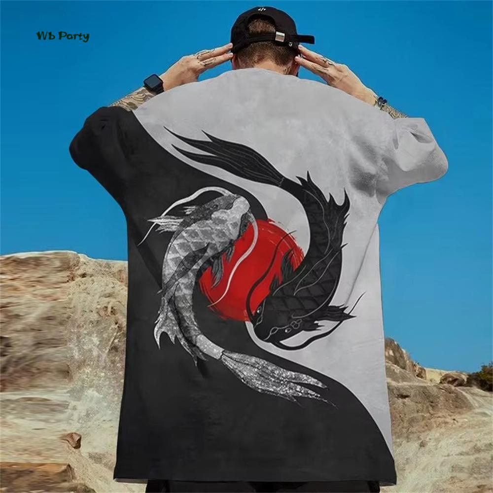 Japanese Ukiyo-E Men's T-Shirt Yin Yang Fish Printed Short Sleeve T-Shirt Oversized Casual Tops Summer Fashion Outdoor Clothing