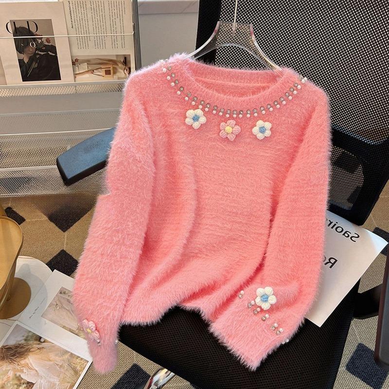

Женский вязаный свитер во французском нежном стиле с украшением из бисера и цветов на воротнике, плюшевый удобный женский свитер-пуловер One Size розовый