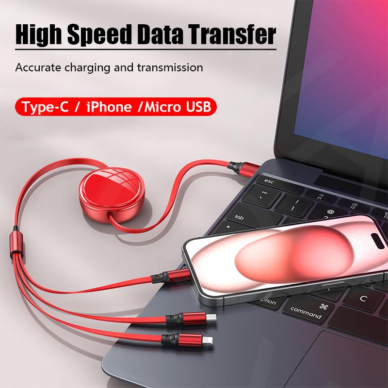 VAORLO 3 IN 1 100W Charging Cable For Micro/Type-C/Lightning Fast Charge Cable Support Data Transmission Super Charge Phone Line