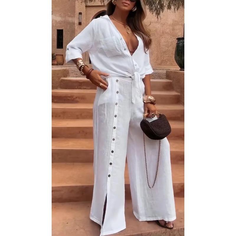 Moda Casual para Mujer Primavera Otoño Color Sólido Estampado Manga Larga Cuello en V Pantalones Trajes