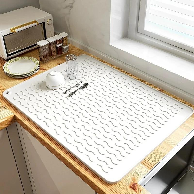 

Коврик для сушки посуды на кухонной стойке, силиконовый коврик для сушки, термостойкий противоскользящий коврик для кастрюль, тарелок, чашек, подушек для столовых приборов, подставок для подносов L 55x45cm белый