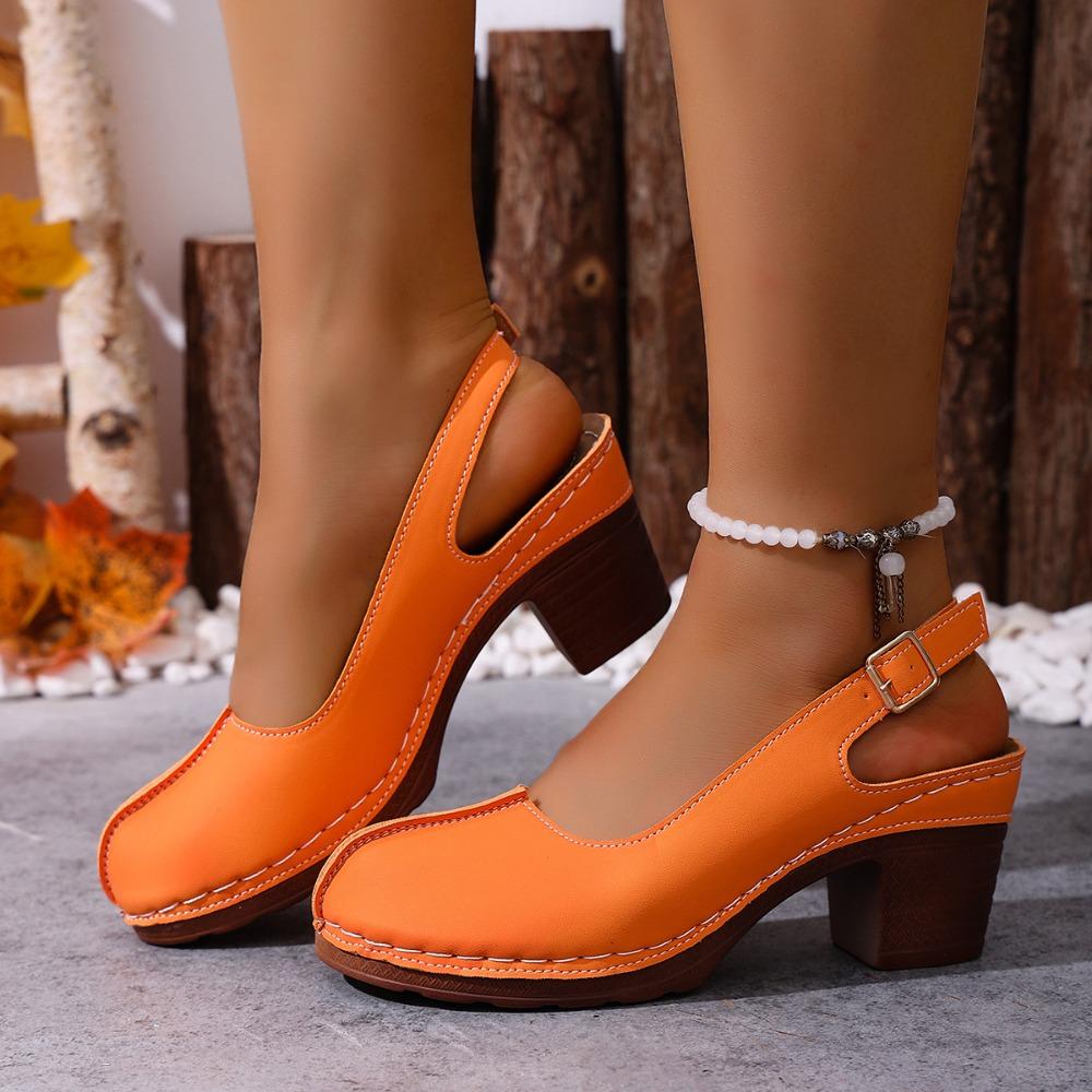 Plus Size Women Retro Block Heel Sandals, Buckle Design Comfort High Heels Outdoor Beach Vacation Shoes