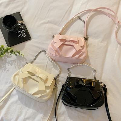 Niche Girl Pearl Chain Handbag 2025 Summer New Bow Pleated Bag Crossbody Small Square Bag
