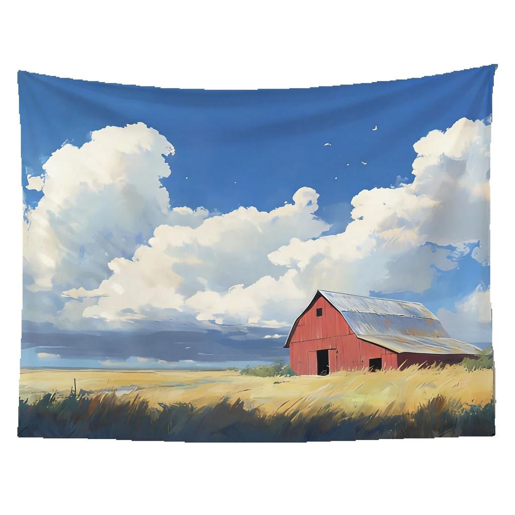 Farmland Red Barn Tapestry Vintage Wheat Field Wall Hanging Small Town Rustic Backdrop Art Country Home Decor for Bedroom A Gift