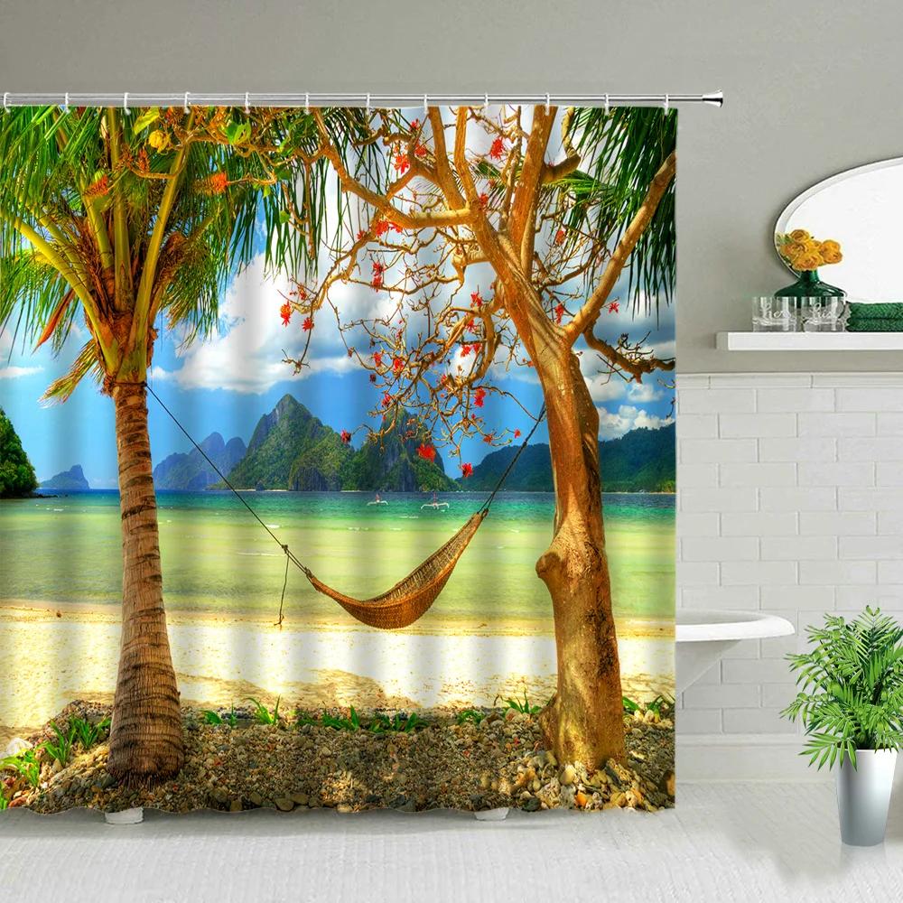Hot Sale Natural Landscape Wooden Bridge Waterfall Shower Curtain Set Spring Scenery Green Forest 3d Waterproof Hanging Curtains