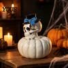 Seasonal Window Display Ornaments Gothic Skull Pumpkin Statue, Halloween Bride Groom Figurine, Pink Spooky Desktop Tabletop Accents Bow On Ornament