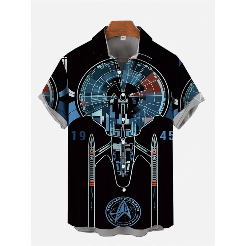 Spaceship Print Men's Short Sleeve Shirt Comfortable Casual Hawaiian Men's Lapel Top Large Size Loose Men's Shirt