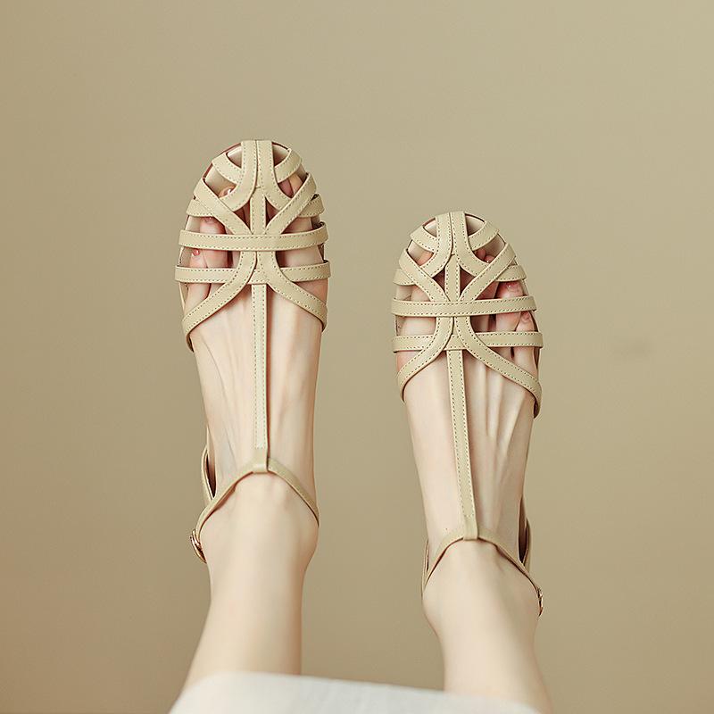 Europäische Station ins Nische~ flache Sandalen Damen neu Sommer einfarbig gewebt hohl Taschenkopf niedriger Absatz Römerschuhe