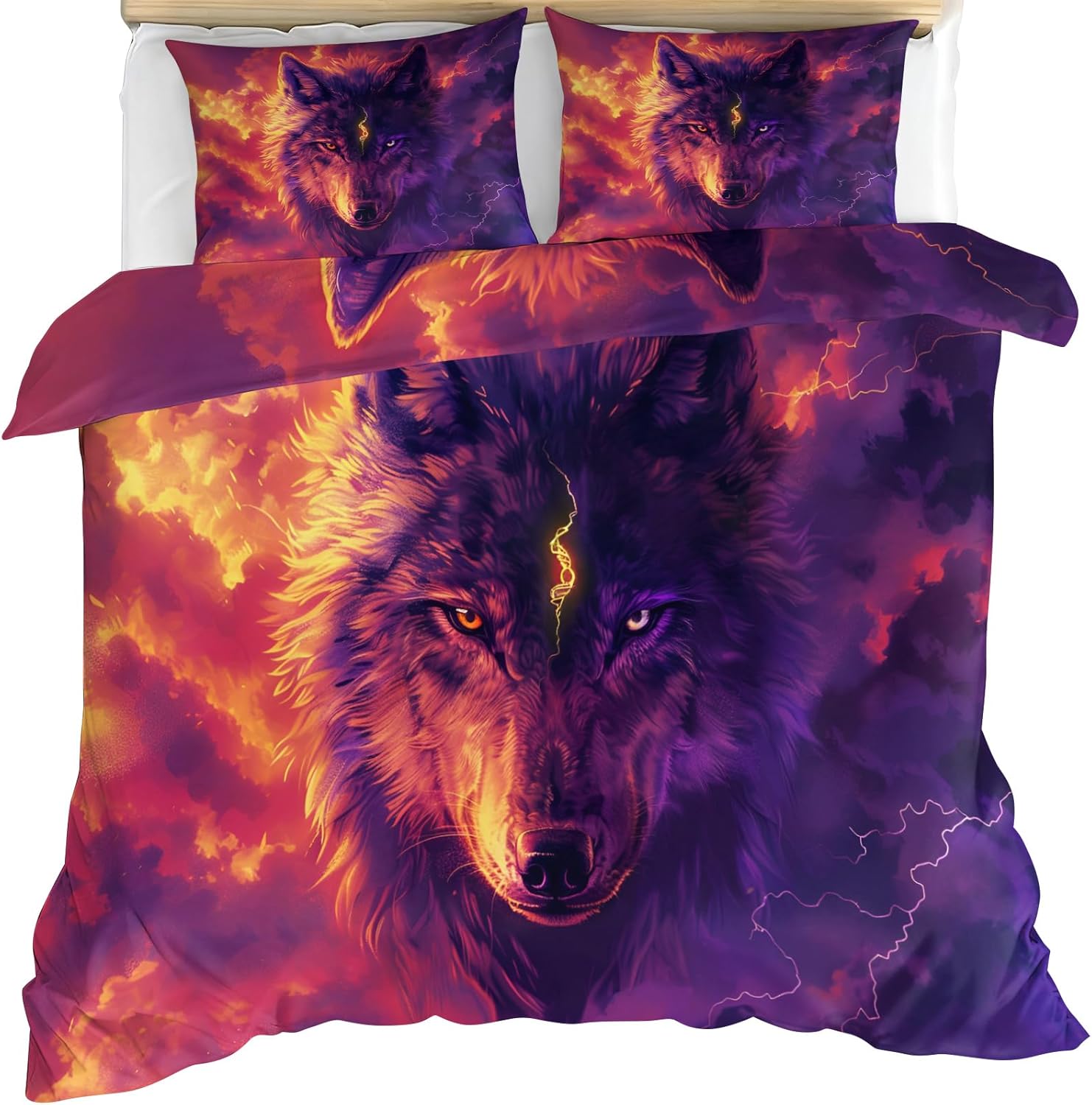 Grosstor Unisex Wild Animal Bedding Set With 1/2 Pillowcases 75*50, Wolf, Lion, Tiger Printed Duvet Covers Bedding Set For Kids Teenagers Adult