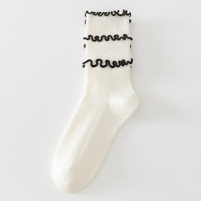 Women's Retro Lace Scrunch Mid-Calf Socks – Breathable, Sweat-Absorbent Combed Cotton with Frilly Edges, Korean Double Rib Style