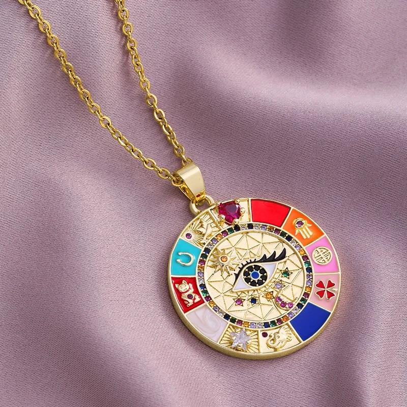 Turkish Lucky Evil Eye Necklace Men Women Gold Color Enamel Drip Oil CZ Pendant Fashion Stainless Steel Chain Necklace Jewelry