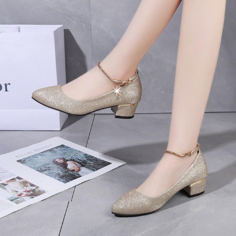 Fashion Coarse heeled women's shoes new season Korean version pointed toe wedding work shoes with shallow mouth and single buckle strap