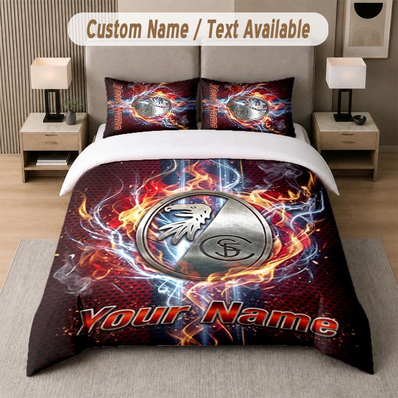 Custom Bedding Set SC Freiburg FC Pattern, Print Name Text 1 Duvet Cover Plus 2 Pillowcases Home Textile