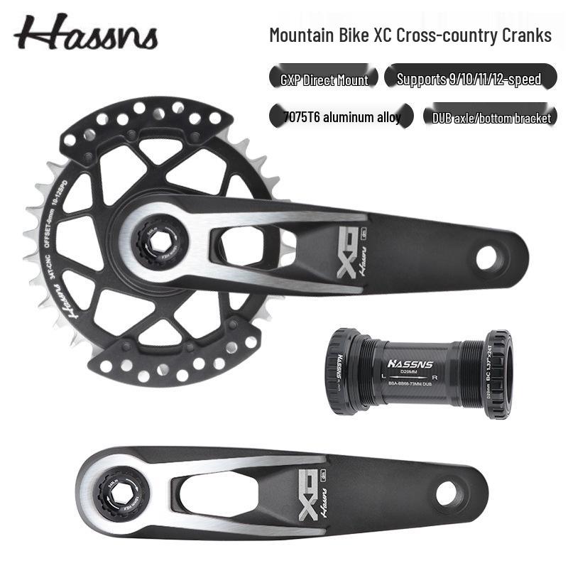 

HASSNS 29mm Mountain Bike Crankset, 7075 Aluminum Hollow Crank with Positive-Negative Teeth, High-Strength Axle, DUB GXP Compatible.