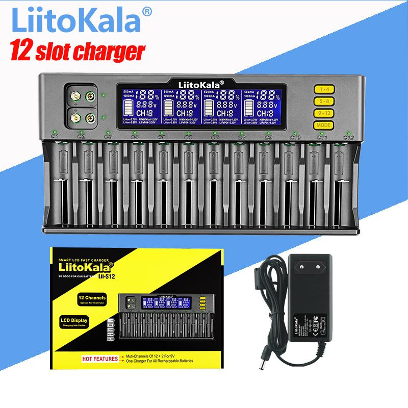 LiitoKala Lii-S12 12-слотное ЖК-зарядное устройство для аккумуляторов Li-ion LiFePO4 Ni-MH Ni-Cd 9V 21700 20700 26650 18650 16340 18350 RCR123 18700 Lii-S12nocar