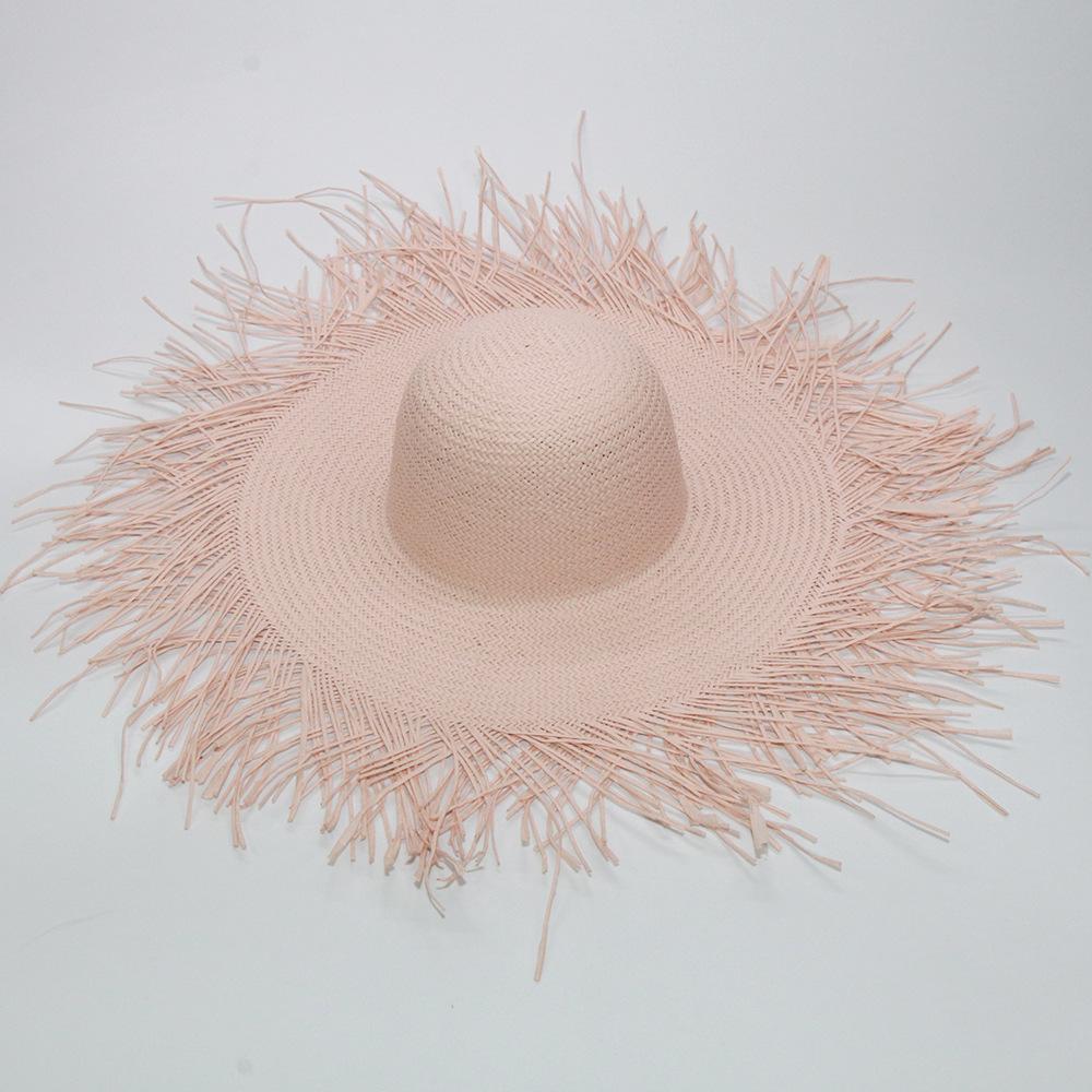 Women's wide-brimmed hat, tassel floss beach hat, foldable pure woven sun-visor, white and black paper straw round hat